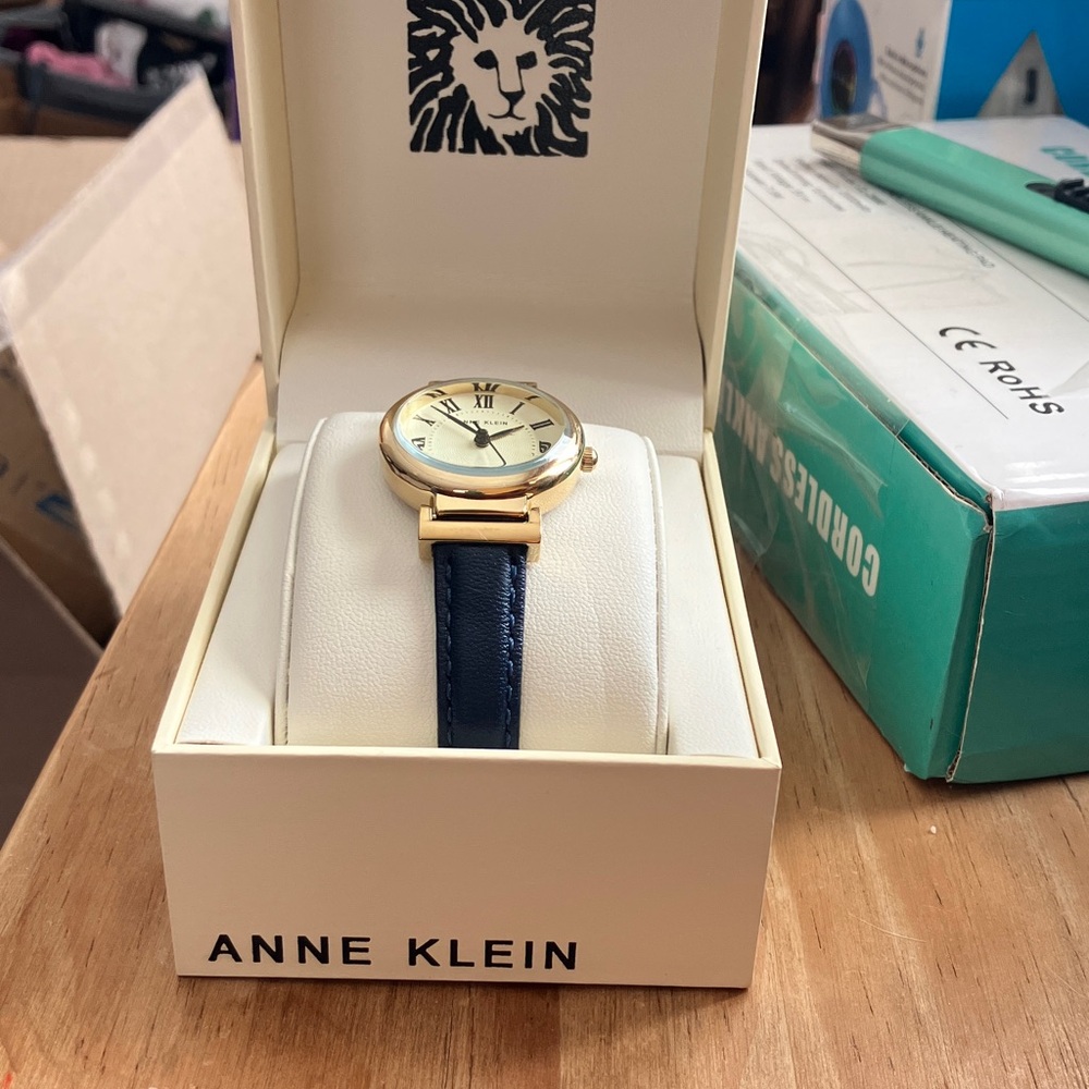 Anne Klein Navy and Gold Round Dial Leather Strap Watch - Picture 2 of 3